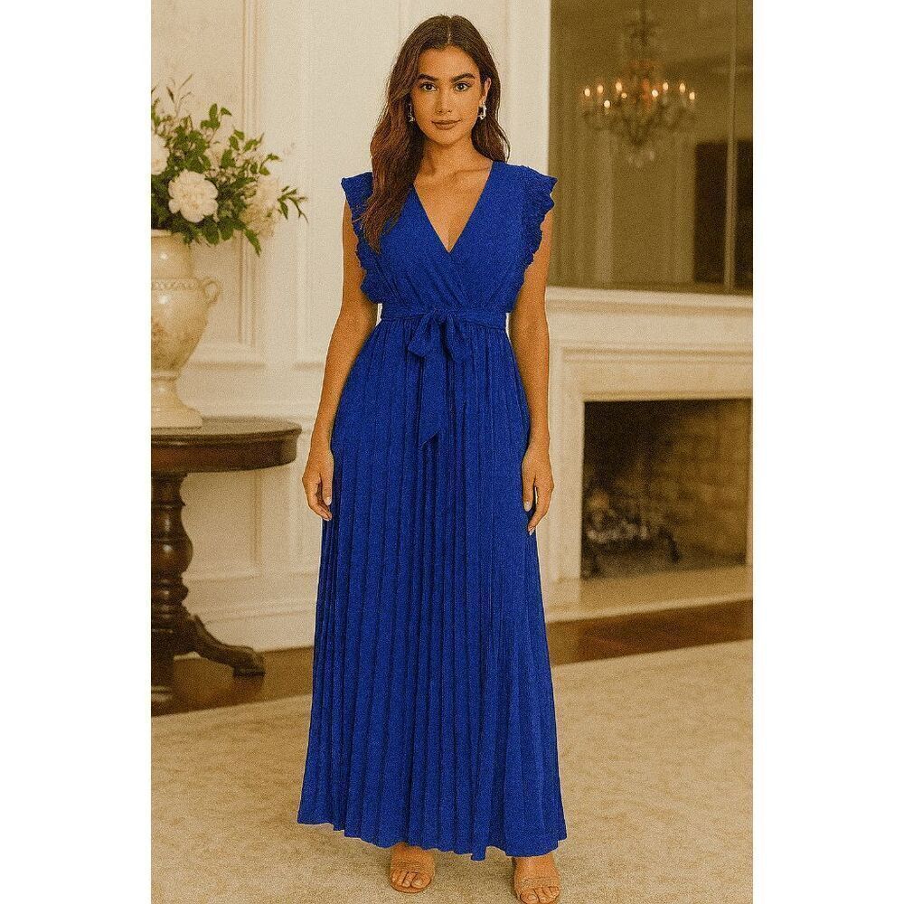 C.CLINE Blue Belted Flutter-Sleeve Pleated A-Line Dress M